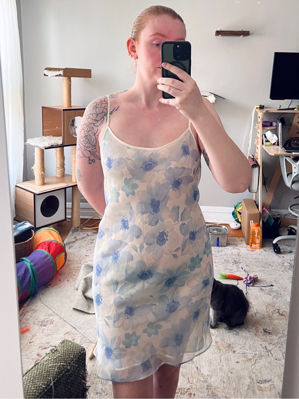 Lord & Taylor Sheer Floral Slip - Light Blue & Cream